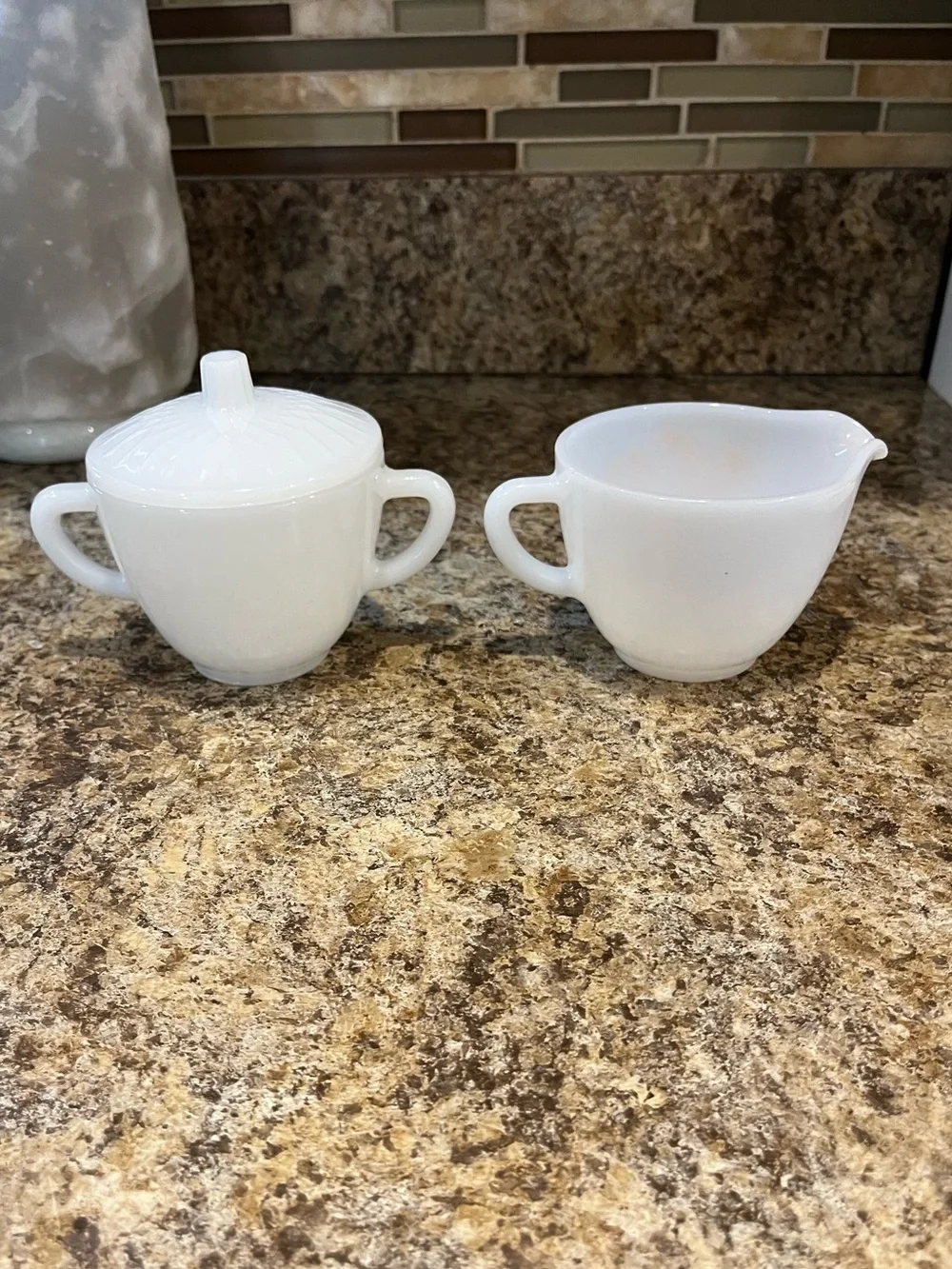 Vintage Federal Glass milk glass creamer & sugar bowl Meadow Gold Wheat pattern.